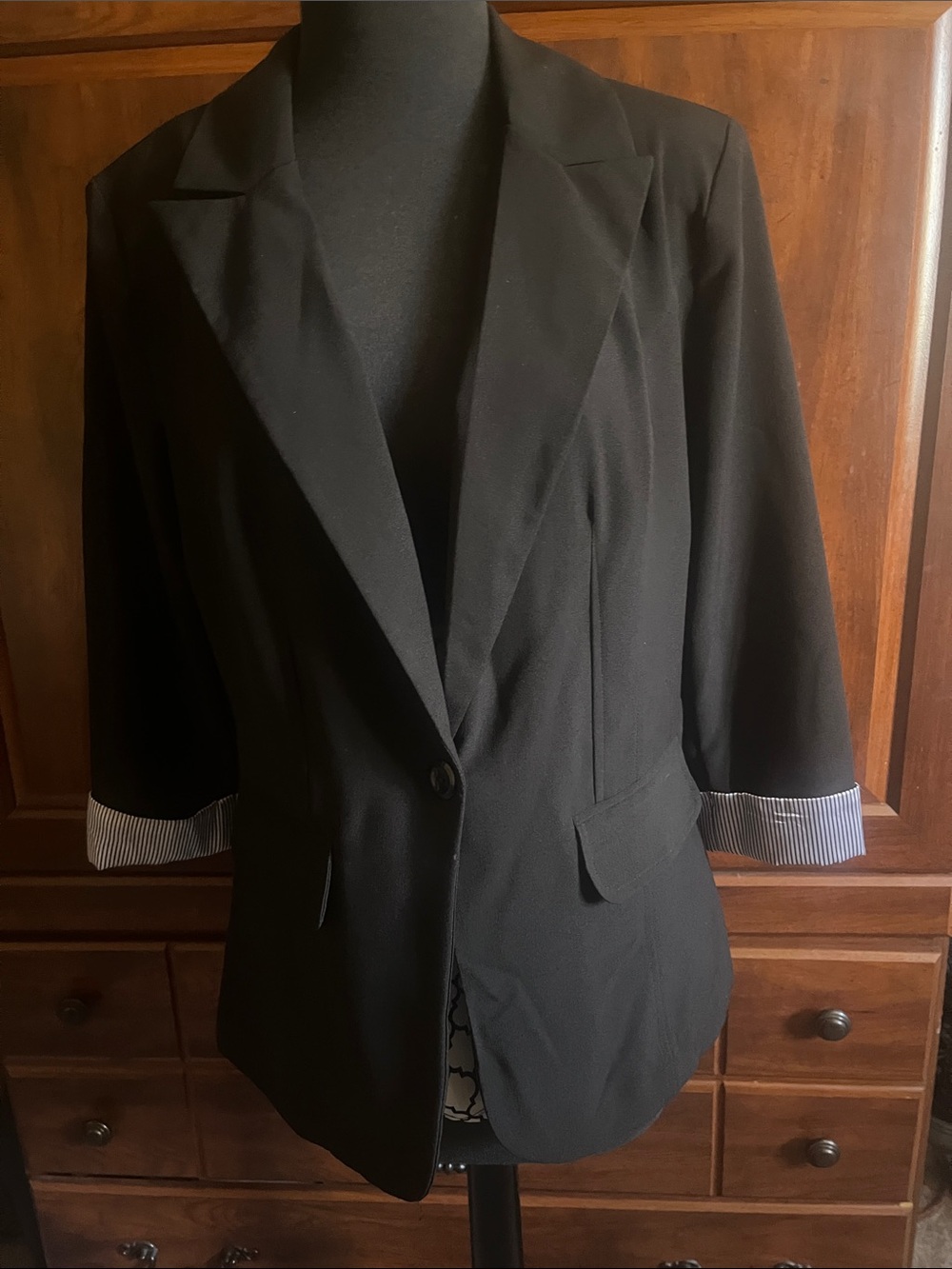 Iz Byer Black Single-Button Blazer with Striped Cuff Detail